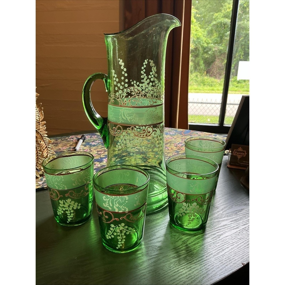 Antique Set Of Northwood Hand Painted 12" Green Glass Pitcher & (4) 4" Tumblers